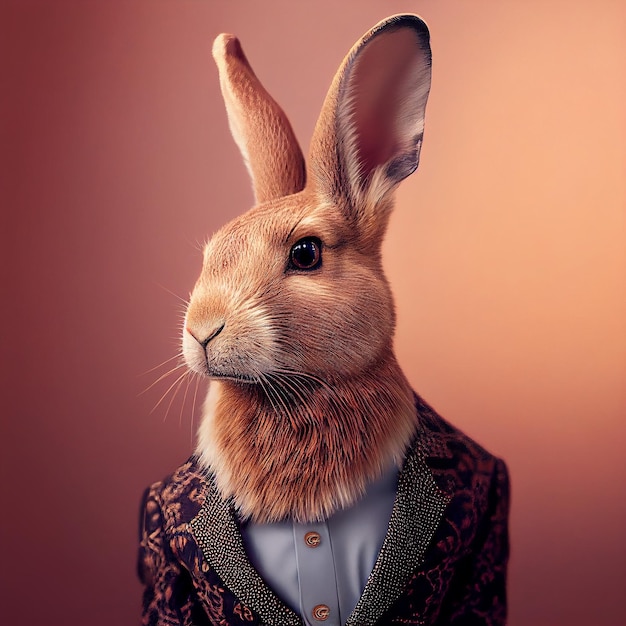 Uma pintura de um coelho vestindo um terno e uma camisa que diz 'lebre'