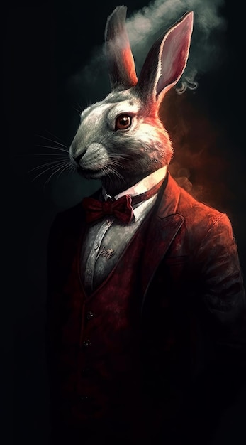 Uma pintura de um coelho vestindo um terno e uma gravata borboleta vermelha.