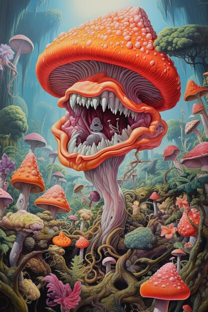 Foto uma pintura de um cogumelo com uma boca grande que diz cogumelo