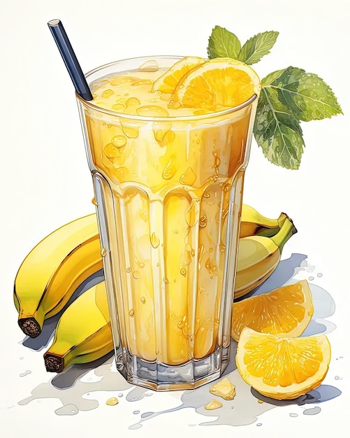 Uma pintura de um copo de limonada e bananas