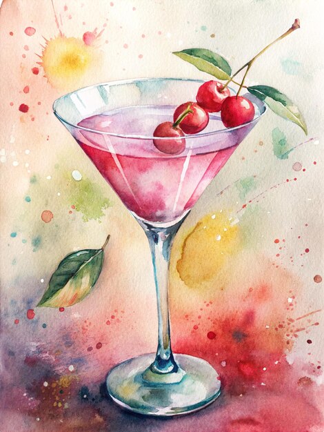 Foto uma pintura de um copo de martini com cerejas nele