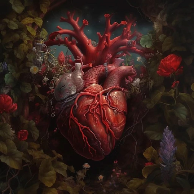 Uma pintura de um coração com plantas e flores