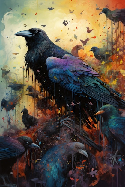 Uma pintura de um corvo com um fundo colorido
