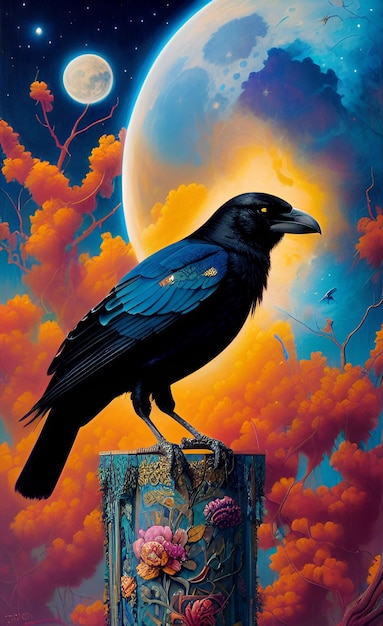 Uma pintura de um corvo com uma lua ao fundo.