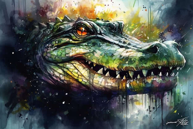 Uma pintura de um crocodilo com um olho verde e amarelo.