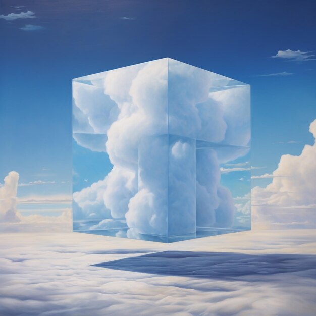 uma pintura de um cubo com nuvens