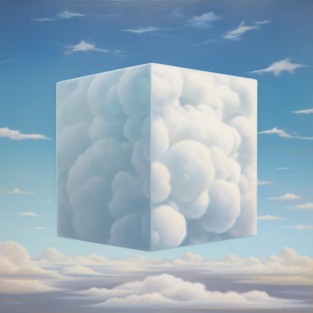 uma pintura de um cubo com nuvens