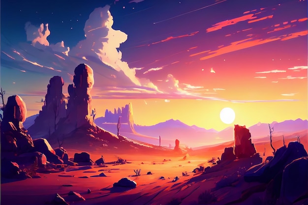 uma pintura de um deserto com um pôr do sol ao fundo, ilustração