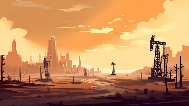 Foto uma pintura de um deserto com uma grande plataforma de petróleo e uma grande cidade ao fundo.