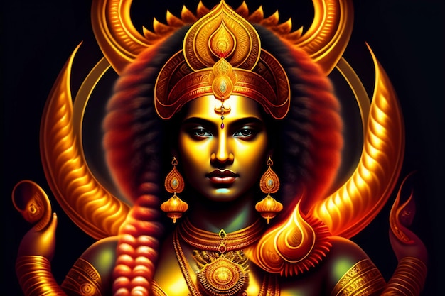 Uma pintura de um deus com ouro e penas vermelhas