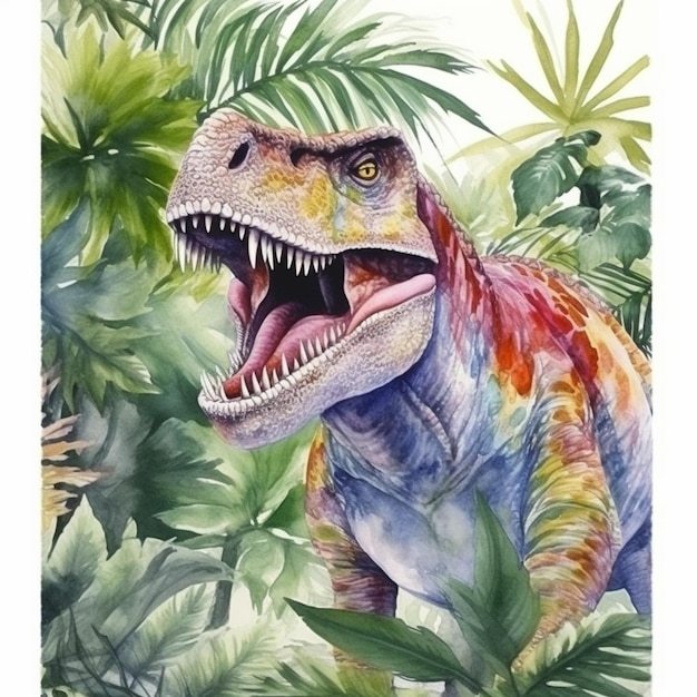 Uma pintura de um dinossauro com a boca aberta na selva generativa ai