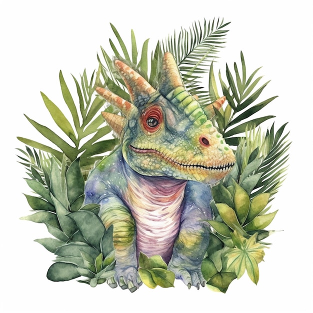 Uma pintura de um dinossauro com chifres e chifres sentado na grama generativa ai