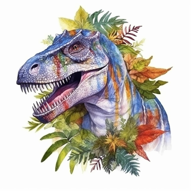 Uma pintura de um dinossauro com folhas e folhas em torno dele
