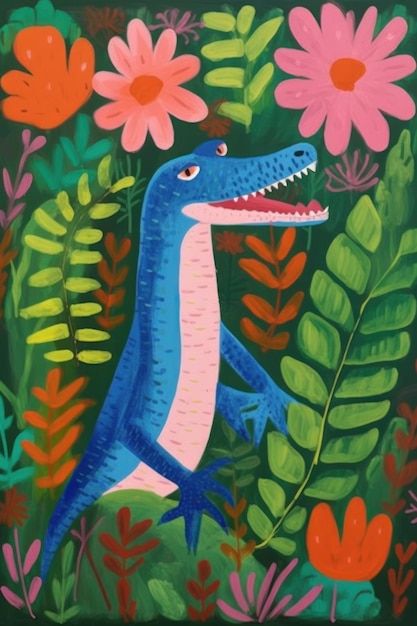 uma pintura de um dinossauro com fundo verde.