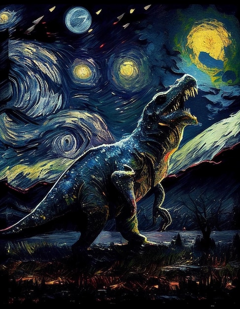 Uma pintura de um dinossauro com um céu estrelado ao fundo.