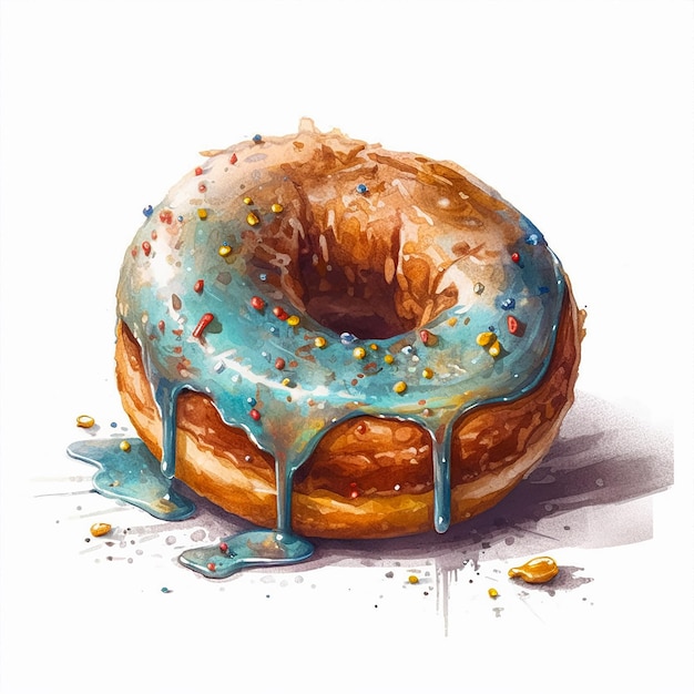 Uma pintura de um donut com glacê azul e granulado sobre ele.