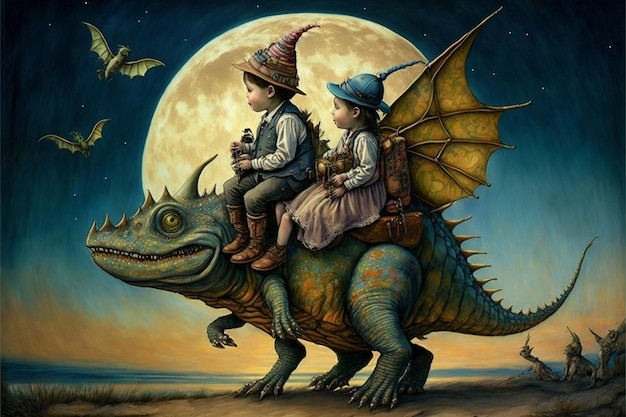 Uma pintura de um dragão com uma garotinha montada nele.