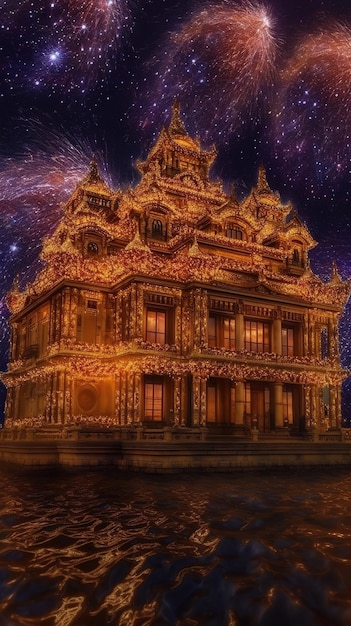 Uma pintura de um edifício com fogos de artifício no céu.