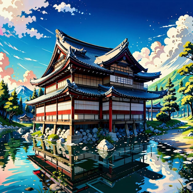 Uma pintura de um edifício japonês em uma lagoa com um céu azul e nuvens.