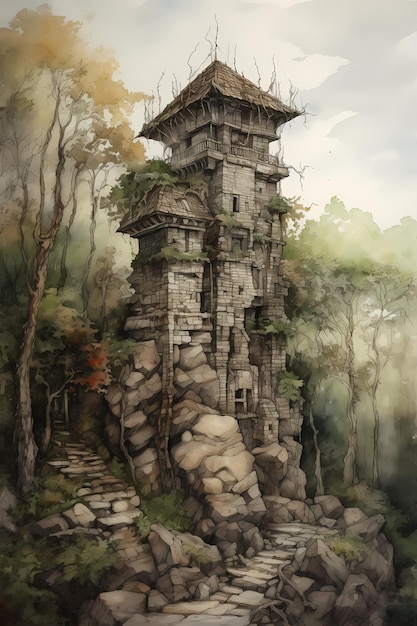 Uma pintura de um edifício na floresta