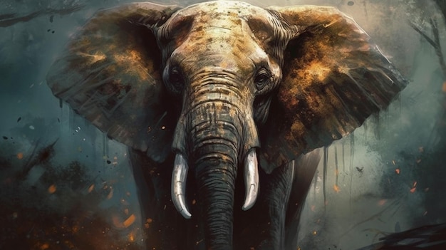 Uma pintura de um elefante com a palavra elefante na frente.