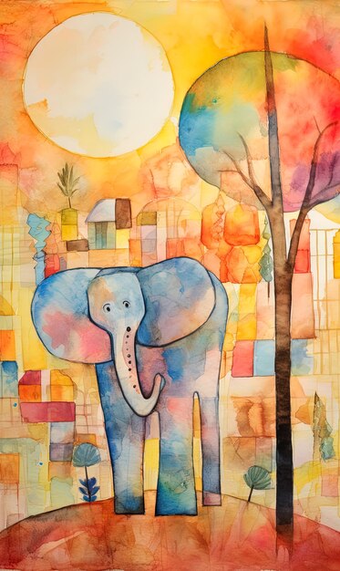 uma pintura de um elefante com um pôr-do-sol no fundo