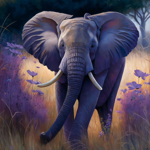 Uma pintura de um elefante em um campo de flores roxas.