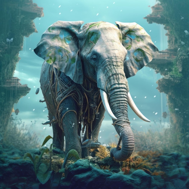 Uma pintura de um elefante parado no meio de uma floresta azul