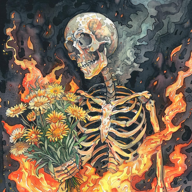 uma pintura de um esqueleto com flores nele