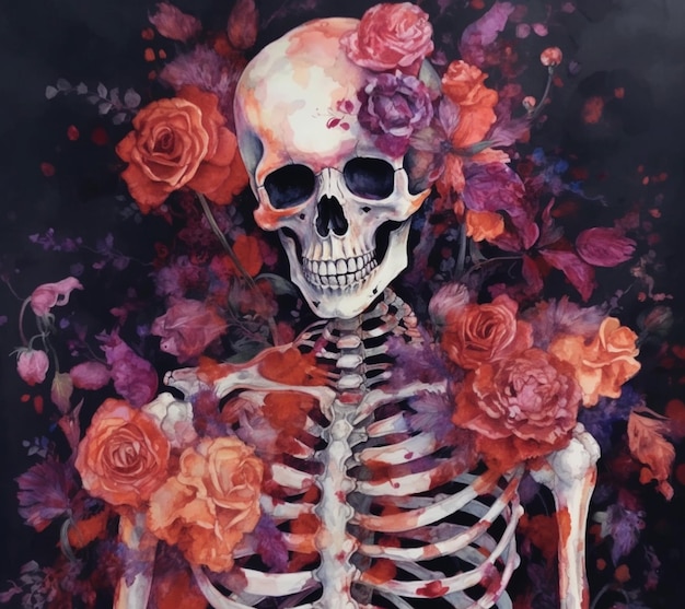 Uma pintura de um esqueleto com rosas