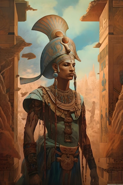 Uma pintura de um faraó em uma roupa azul