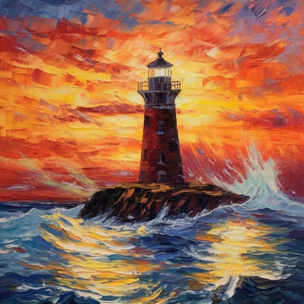 Uma pintura de um farol com um pôr do sol ao fundo.