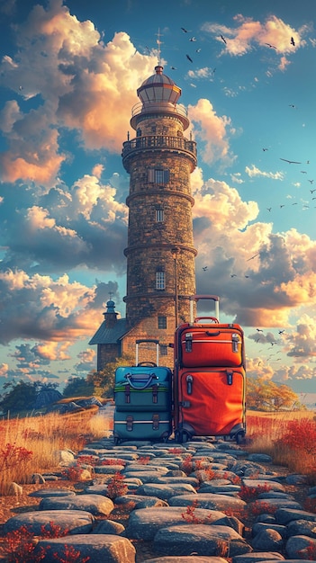 Foto uma pintura de um farol com uma torre e um relógio nele