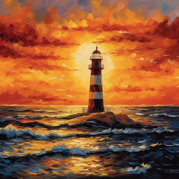 Uma pintura de um farol em um dia tempestuoso