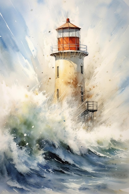 Uma pintura de um farol no mar