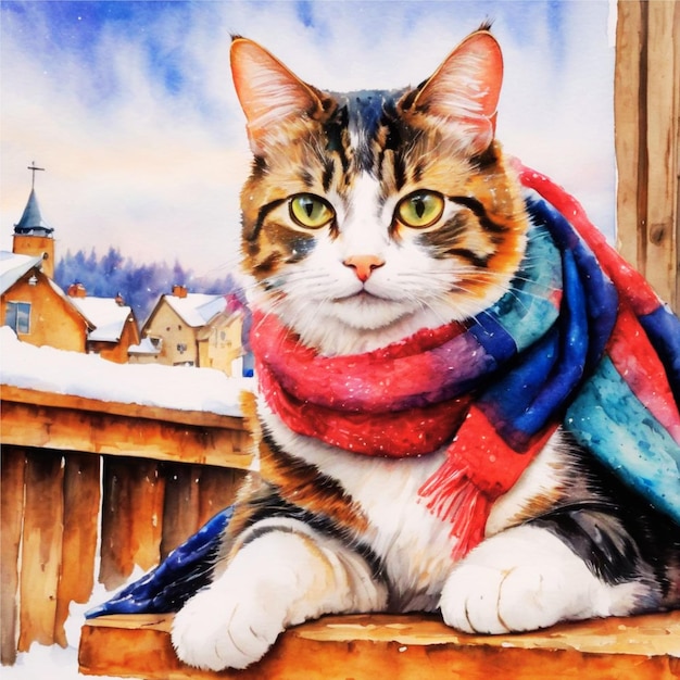 uma pintura de um felino aconchegante aproveitando um dia de neve com flocos de neve caindo