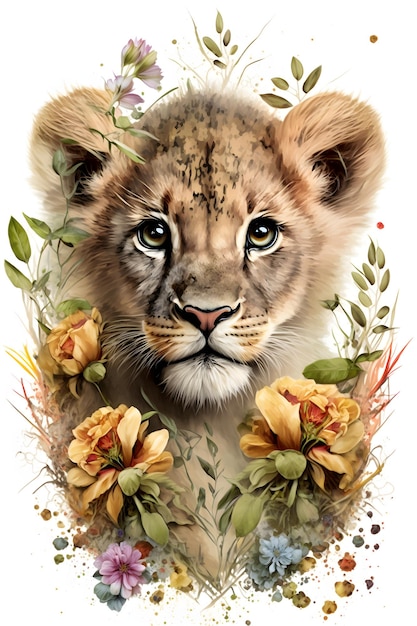 Uma pintura de um filhote de leão com flores nele