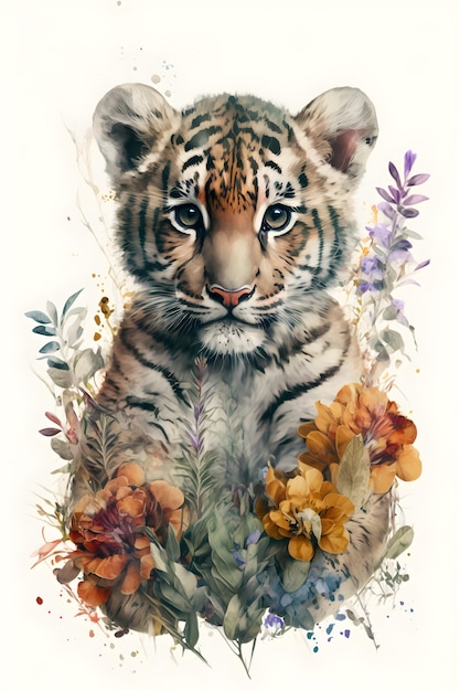 Uma pintura de um filhote de tigre com flores.