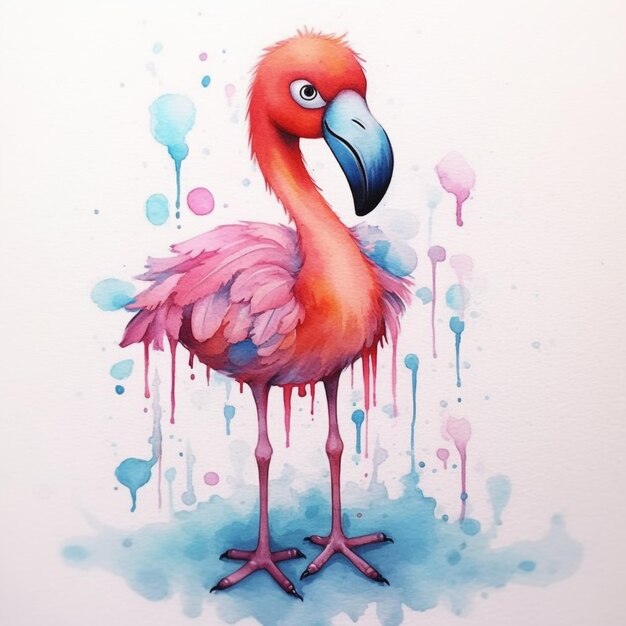 Uma pintura de um flamingo com bico azul e bico preto.