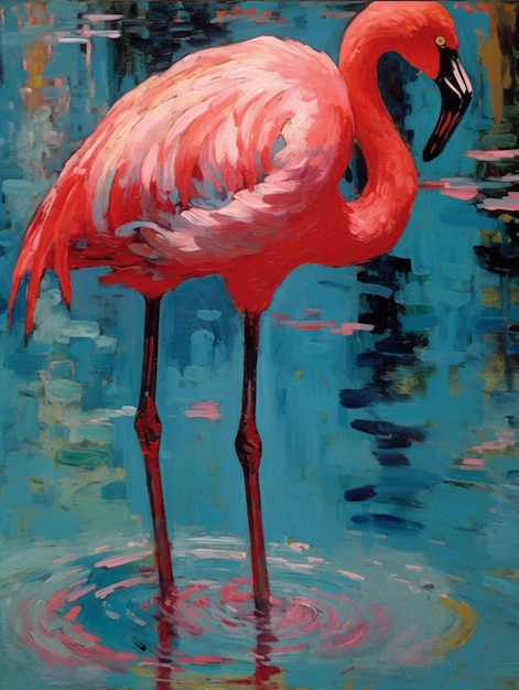 Uma pintura de um flamingo com corpo rosa e pernas pretas.