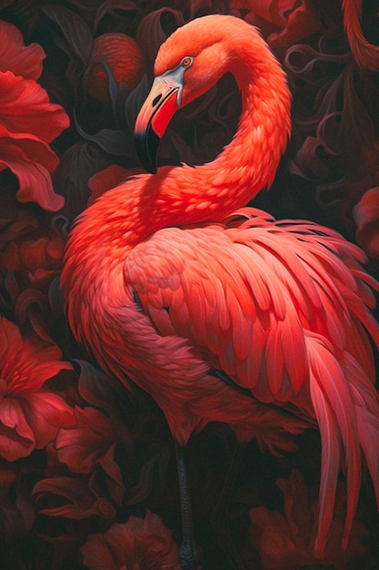 Uma pintura de um flamingo com flores ao fundo