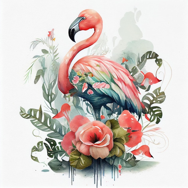 Uma pintura de um flamingo com flores e folhas