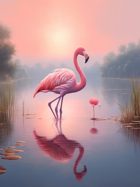 Uma pintura de um flamingo em um lago com um céu rosa ao fundo.