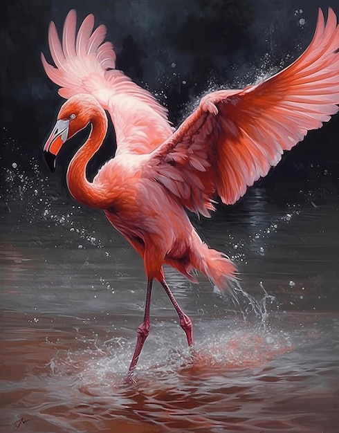 Uma pintura de um flamingo na água