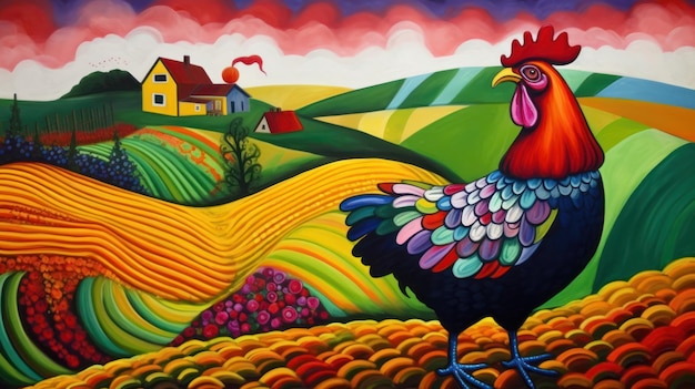 Uma pintura de um galo com uma fazenda ao fundo.