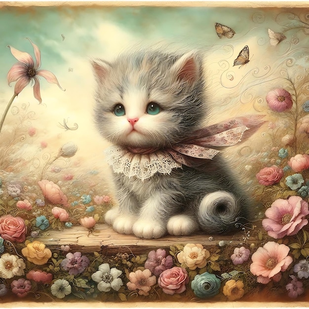 uma pintura de um gatinho com borboletas e flores