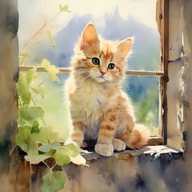 Uma pintura de um gatinho olhando pela janela com vista para a montanha ao fundo.