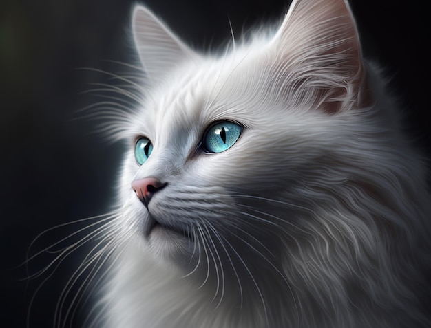 Uma pintura de um gato branco com olhos azuis.