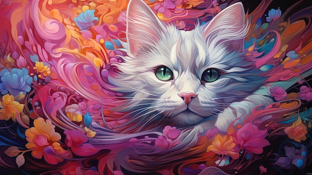 uma pintura de um gato branco com um fundo colorido de flores.