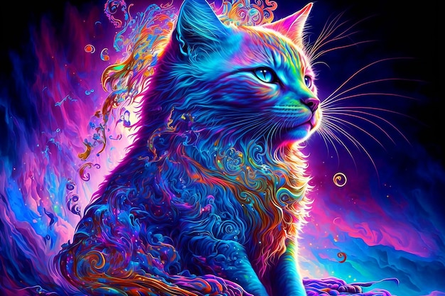 Uma pintura de um gato com as cores do arco-íris na cabeça